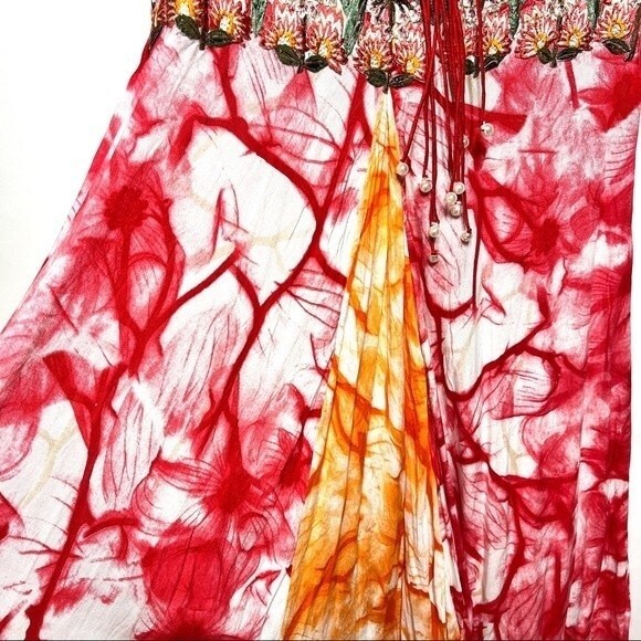 Tie Dye Water Color Embroidered Waist Maxi Dress in Red, Orange and White L - Picture 10 of 12